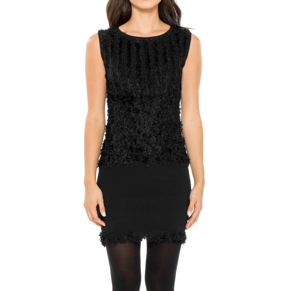 Leon Max HIGH TWIST RAYON TEXTURAL KNITTED SLEEVELESS SWEATER DRESS