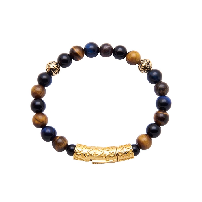 NIALAYA GOLD-PLATED TIGER EYE AND AGATE BEADED BRACELET