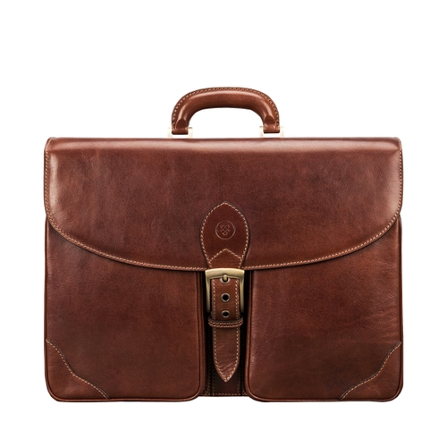 Maxwell Scott Bags Premium Italian Tan Brown Leather Mens 2-section Briefcase In Chestnut Tan