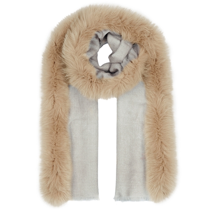 AMA PURE TAUPE FUR-TRIMMED WOOL SCARF