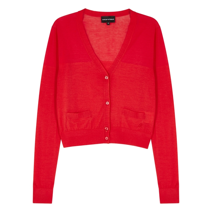 EMPORIO ARMANI RED CROPPED FINE-KNIT WOOL CARDIGAN