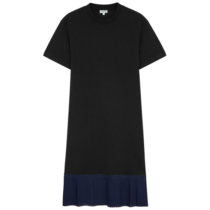KENZO BLACK PLEATED COTTON T-SHIRT DRESS