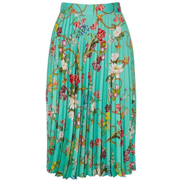 PINKO TURQUOISE FLORAL-PRINT PLEATED SKIRT