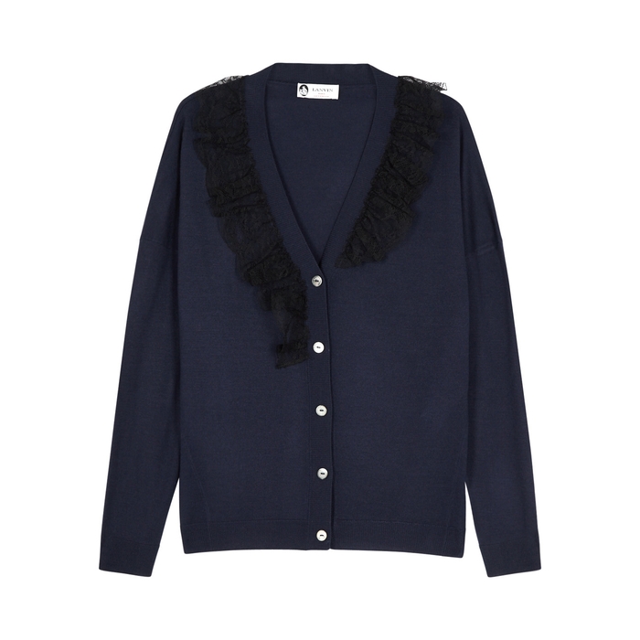 LANVIN NAVY LACE-TRIMMED WOOL BLEND CARDIGAN