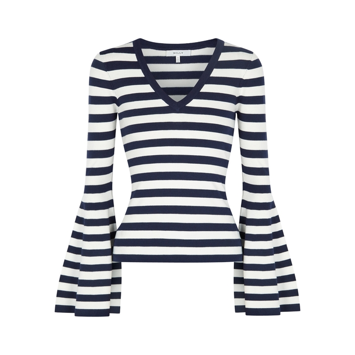 MILLY STRIPED FLARED-SLEEVE STRETCH-KNIT TOP