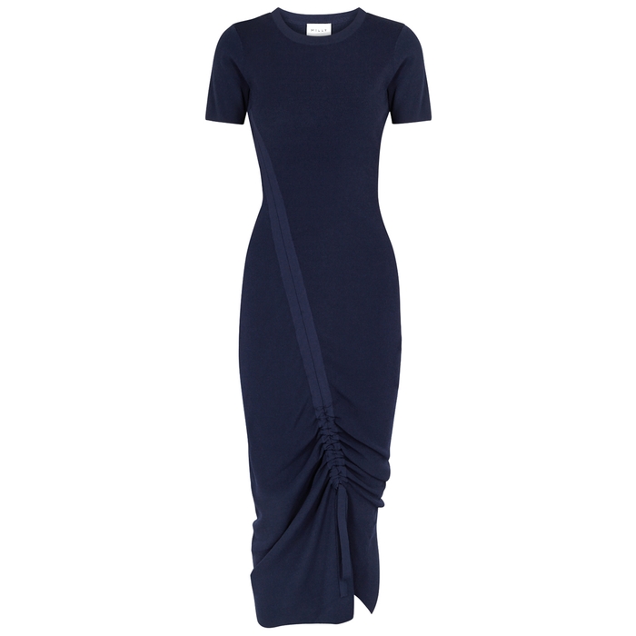 MILLY NAVY RUCHED KNITTED DRESS