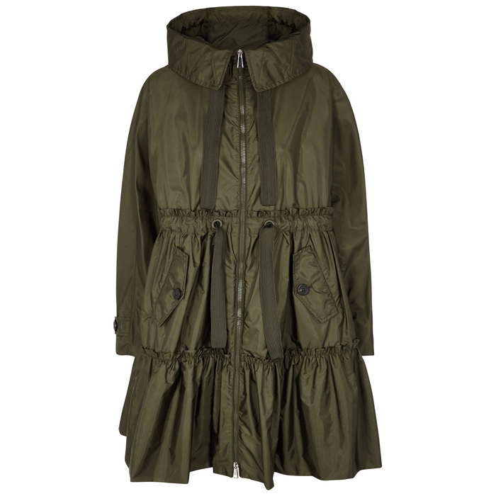 MONCLER TURQUOISE OLIVE TIERED SHELL COAT