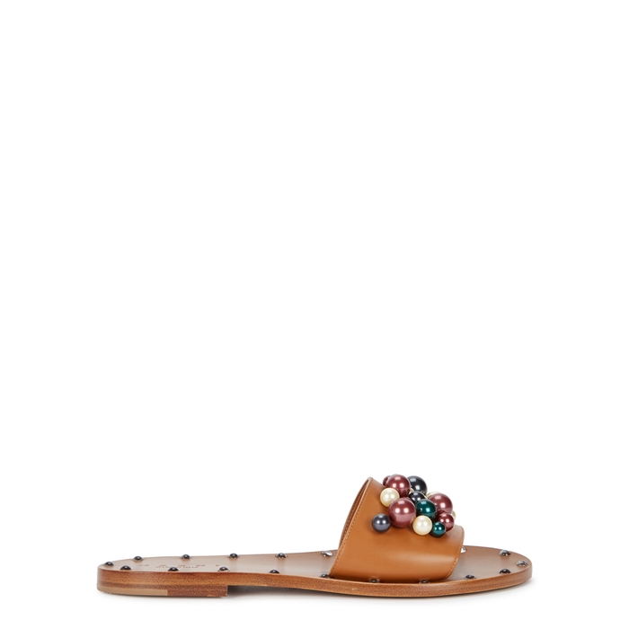 MARNI FAUX PEARL-EMBELLISHED LEATHER SLIDERS