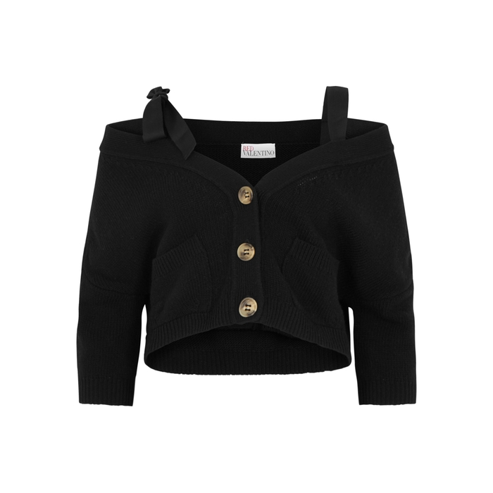 RED VALENTINO BLACK CROPPED CHUNKY-KNIT WOOL CARDIGAN