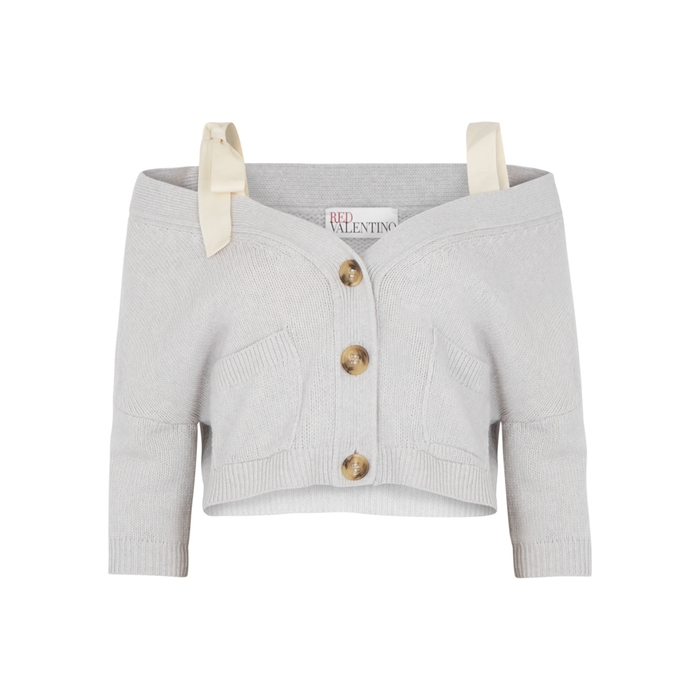RED VALENTINO LIGHT GREY CROPPED CHUNKY-KNIT WOOL CARDIGAN