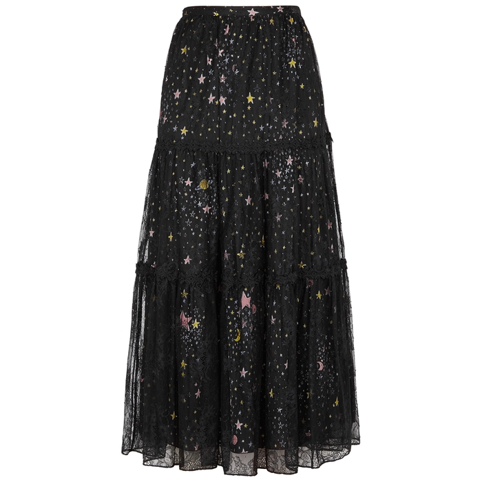 BOUTIQUE MOSCHINO PRINTED LACE AND SATIN MIDI SKIRT