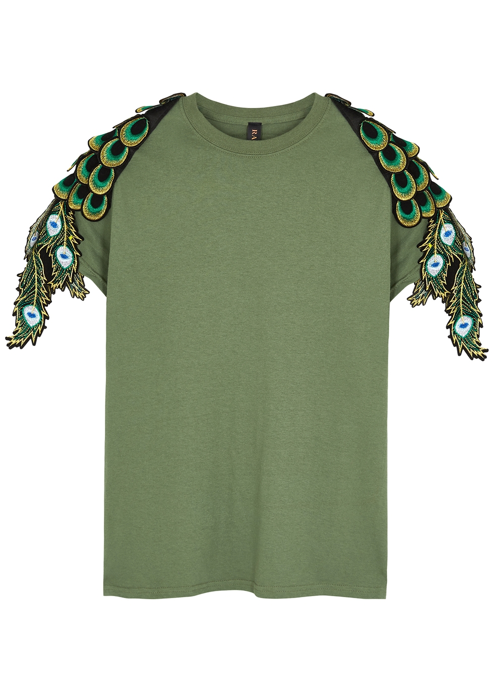 Peacock feather-appliquéd cotton T-shirt
