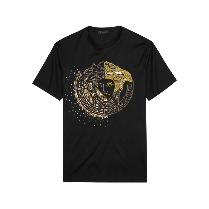 VERSACE BLACK EMBROIDERED COTTON T-SHIRT
