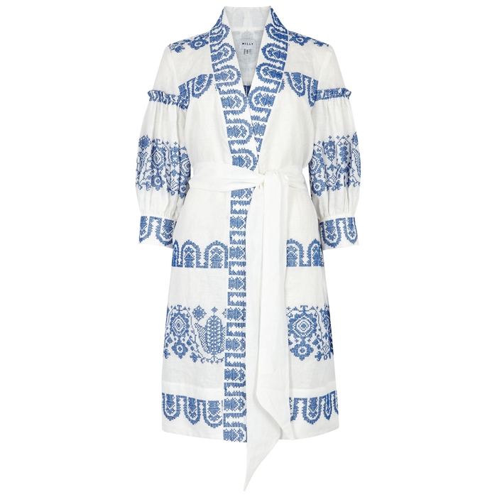 MILLY AGNES WHITE EMBROIDERED LINEN DRESS