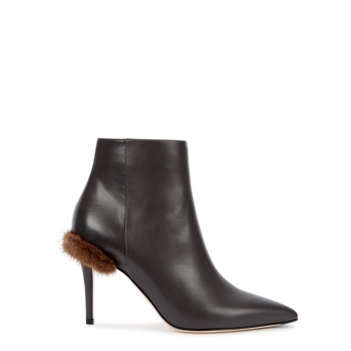 FENDI BROWN FUR-TRIMMED LEATHER ANKLE BOOTS