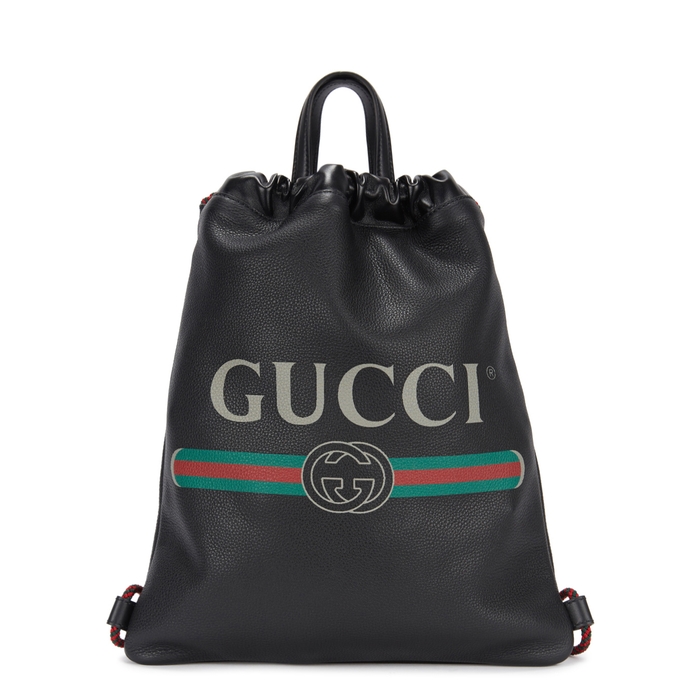 GUCCI BLACK SMALL LOGO-PRINT LEATHER BACKPACK