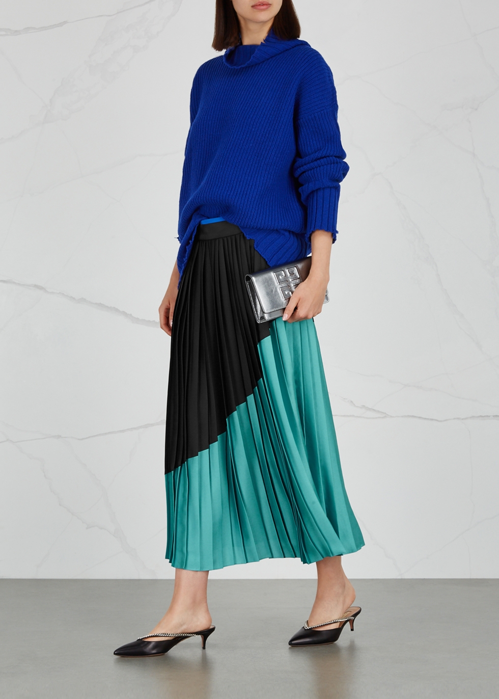 Colour-block pleated satin twill skirt - Victoria, Victoria Beckham