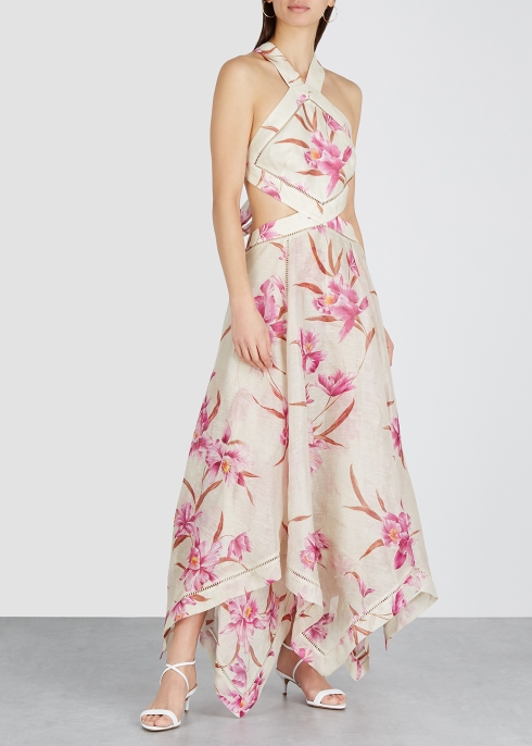 Corsage Scarf printed linen-blend dress - Zimmermann