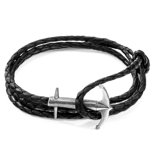 ANCHOR & CREW COAL BLACK ADMIRAL ANCHOR SILVER AND BRAIDED LEATHER BRACELET,2948307