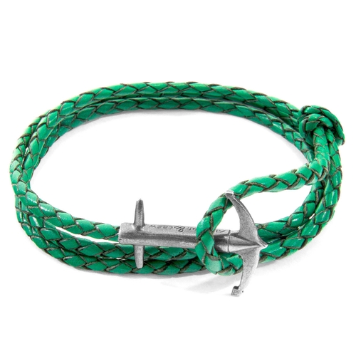 ANCHOR & CREW FERN GREEN ADMIRAL ANCHOR SILVER AND BRAIDED LEATHER BRACELET,2948310