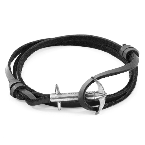 ANCHOR & CREW COAL BLACK ADMIRAL ANCHOR SILVER AND FLAT LEATHER BRACELET,2948312