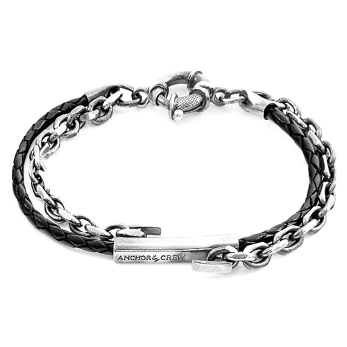ANCHOR & CREW COAL BLACK BELFAST SILVER AND BRAIDED LEATHER BRACELET,2948354