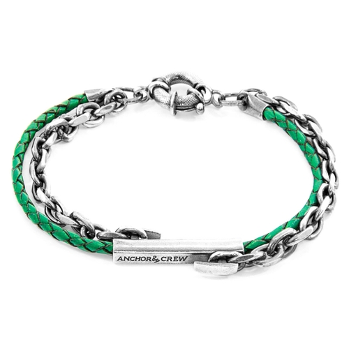 ANCHOR & CREW FERN GREEN BELFAST SILVER AND BRAIDED LEATHER BRACELET,2948366