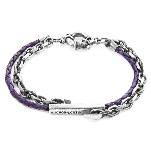 ANCHOR & CREW GRAPE PURPLE BELFAST SILVER AND BRAIDED LEATHER BRACELET,2948369