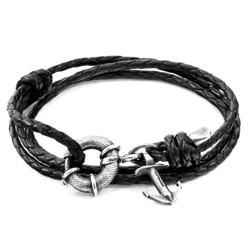 ANCHOR & CREW COAL BLACK CLYDE ANCHOR SILVER AND BRAIDED LEATHER BRACELET,2948437