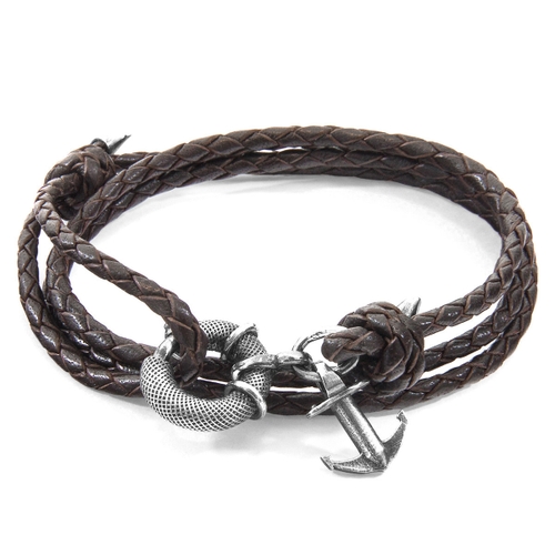 ANCHOR & CREW DARK BROWN CLYDE ANCHOR SILVER AND BRAIDED LEATHER BRACELET,2948438