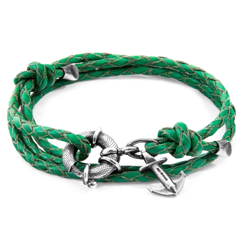 ANCHOR & CREW FERN GREEN CLYDE ANCHOR SILVER AND BRAIDED LEATHER BRACELET,2948440
