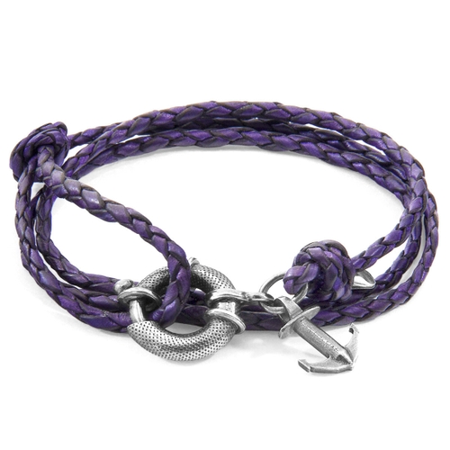 ANCHOR & CREW GRAPE PURPLE CLYDE ANCHOR SILVER AND BRAIDED LEATHER BRACELET,2948441