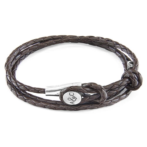 ANCHOR & CREW DARK BROWN DUNDEE SILVER AND BRAIDED LEATHER BRACELET,2948558