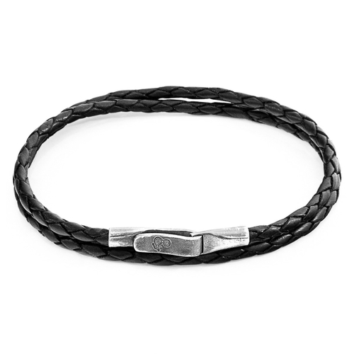 ANCHOR & CREW COAL BLACK LIVERPOOL SILVER AND BRAIDED LEATHER BRACELET,2948723