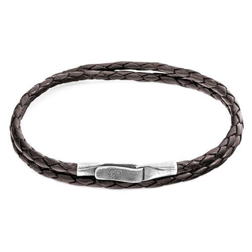 ANCHOR & CREW DARK BROWN LIVERPOOL SILVER AND BRAIDED LEATHER BRACELET,2948728