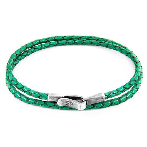 ANCHOR & CREW FERN GREEN LIVERPOOL SILVER AND BRAIDED LEATHER BRACELET,2948736