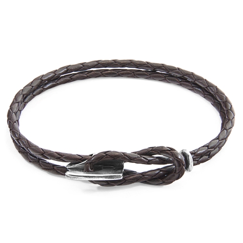 ANCHOR & CREW DARK BROWN PADSTOW SILVER AND BRAIDED LEATHER BRACELET,2948936