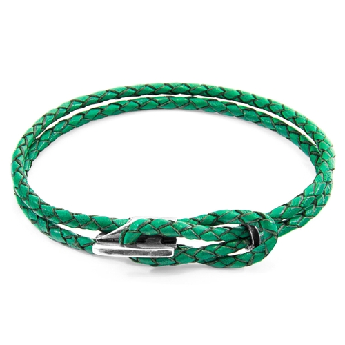 ANCHOR & CREW FERN GREEN PADSTOW SILVER AND BRAIDED LEATHER BRACELET,2948943