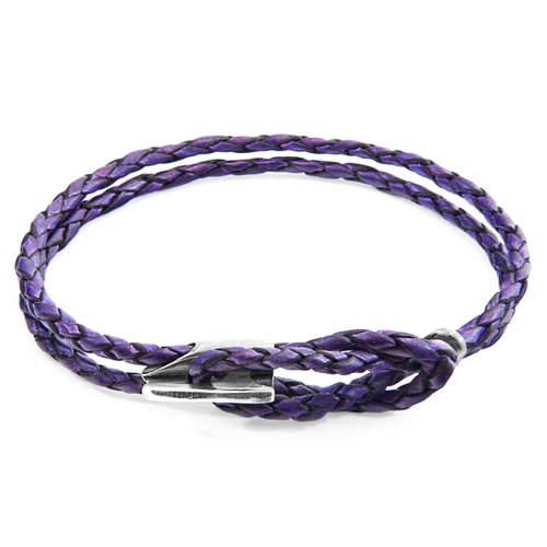 ANCHOR & CREW GRAPE PURPLE PADSTOW SILVER AND BRAIDED LEATHER BRACELET,2948949