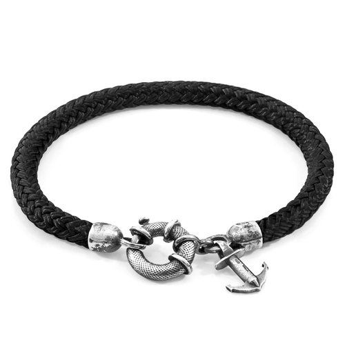 ANCHOR & CREW BLACK SALCOMBE SILVER AND ROPE BRACELET