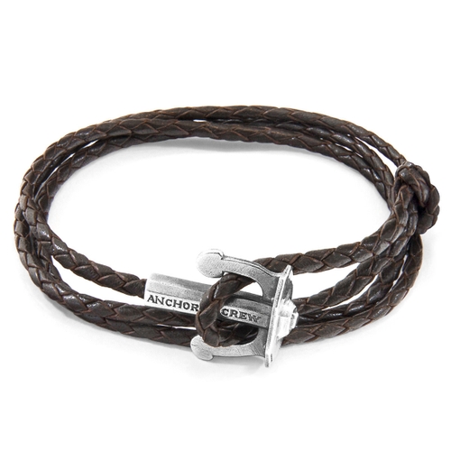 ANCHOR & CREW DARK BROWN UNION ANCHOR SILVER AND BRAIDED LEATHER BRACELET,2949324