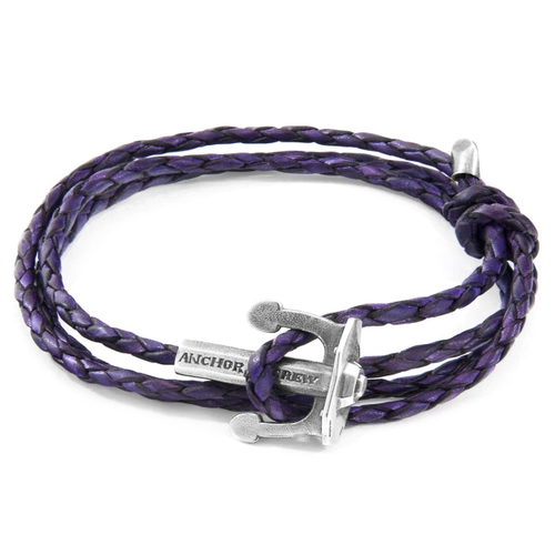 ANCHOR & CREW GRAPE PURPLE UNION ANCHOR SILVER AND BRAIDED LEATHER BRACELET,2949330