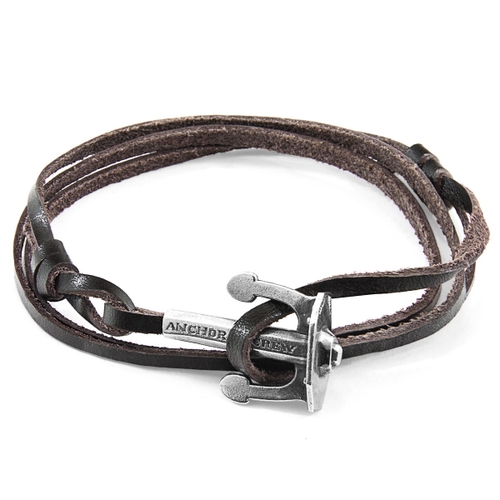 ANCHOR & CREW DARK BROWN UNION ANCHOR SILVER AND FLAT LEATHER BRACELET,2949342