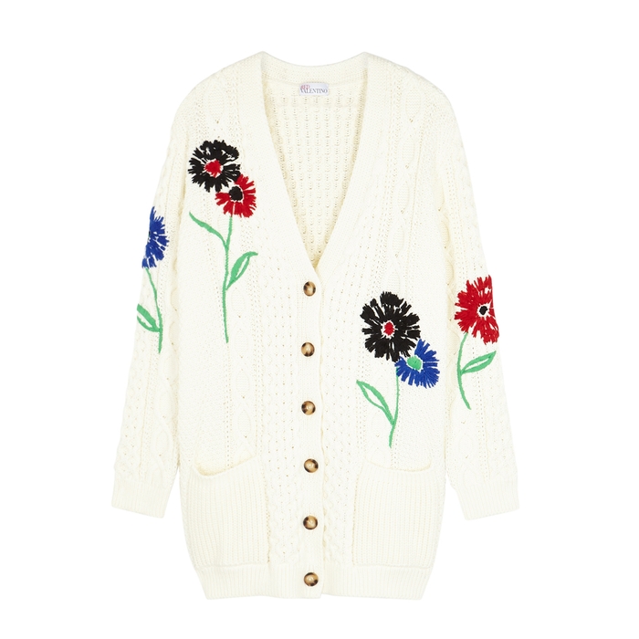 Red Valentino Leathers CREAM EMBROIDERED CABLE-KNIT CARDIGAN