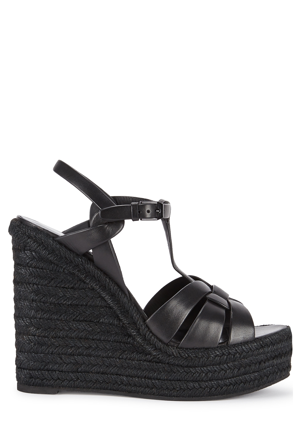 black leather wedge heels