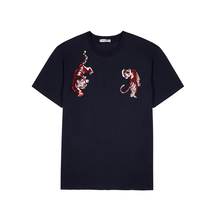 VALENTINO NAVY TIGER-EMBROIDERED COTTON T-SHIRT
