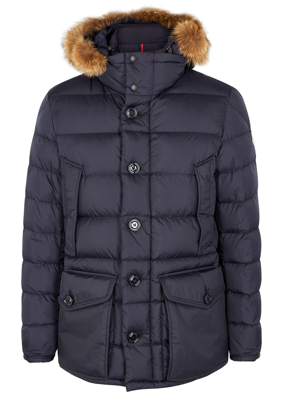 Moncler Cluny navy fur-trimmed quilted coat - Harvey Nichols