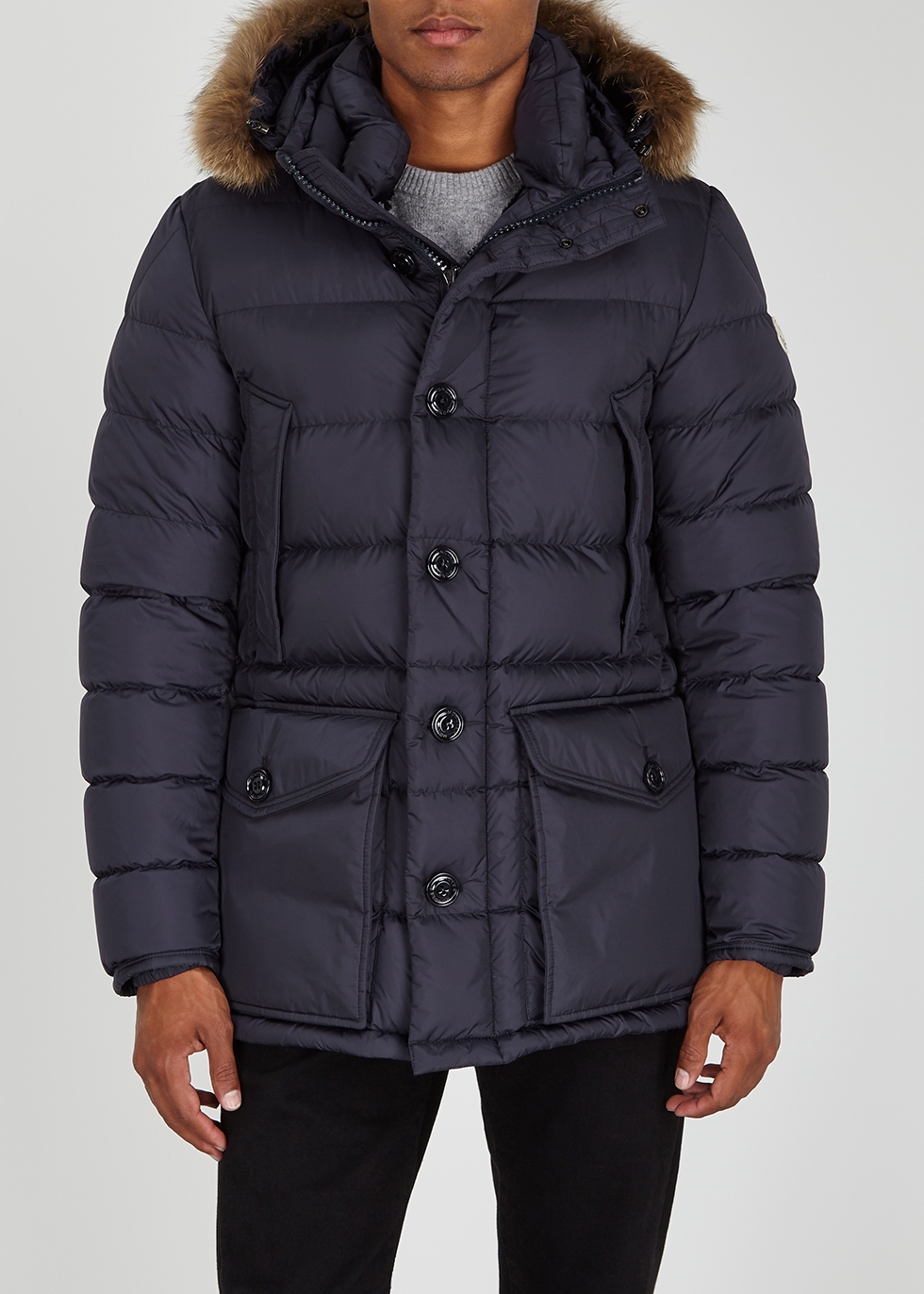 Moncler Cluny navy fur-trimmed quilted 