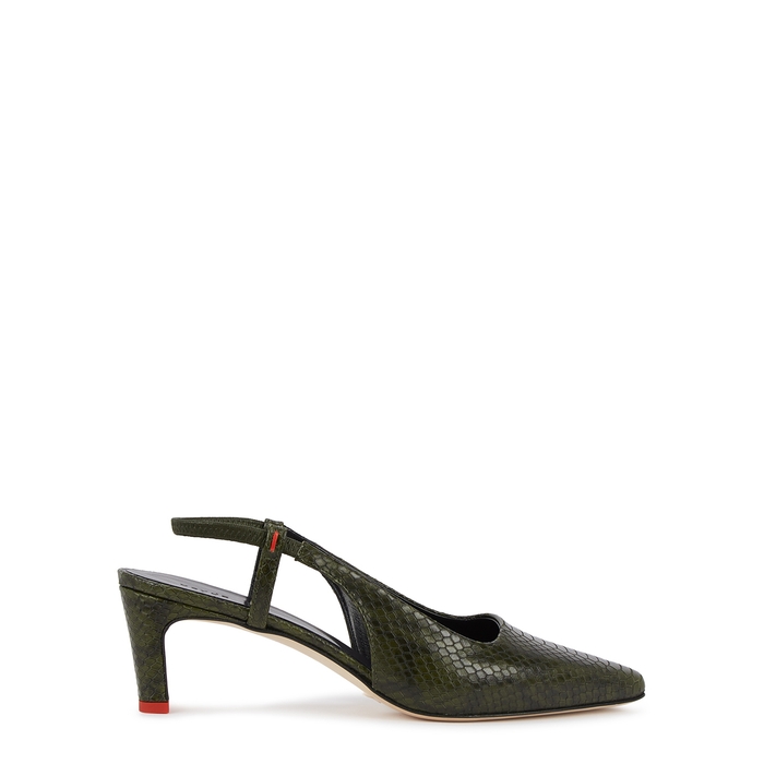 Aeyde Eve 65 Python-effect Slingback Leather Pumps In Green