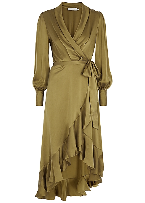 Super Eight olive silk-satin wrap dress - Zimmermann